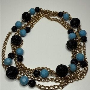 Vintage 66 inches Elegant Gold tone Black blue Beaded station roses Necklace